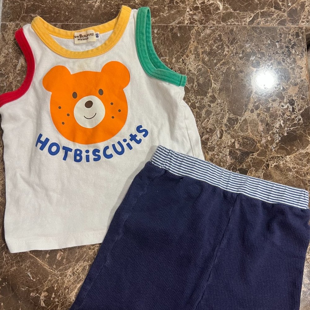 Miki House Hotbiscuit Bear Tank and Navy Shorts Outfit Set 12-24M